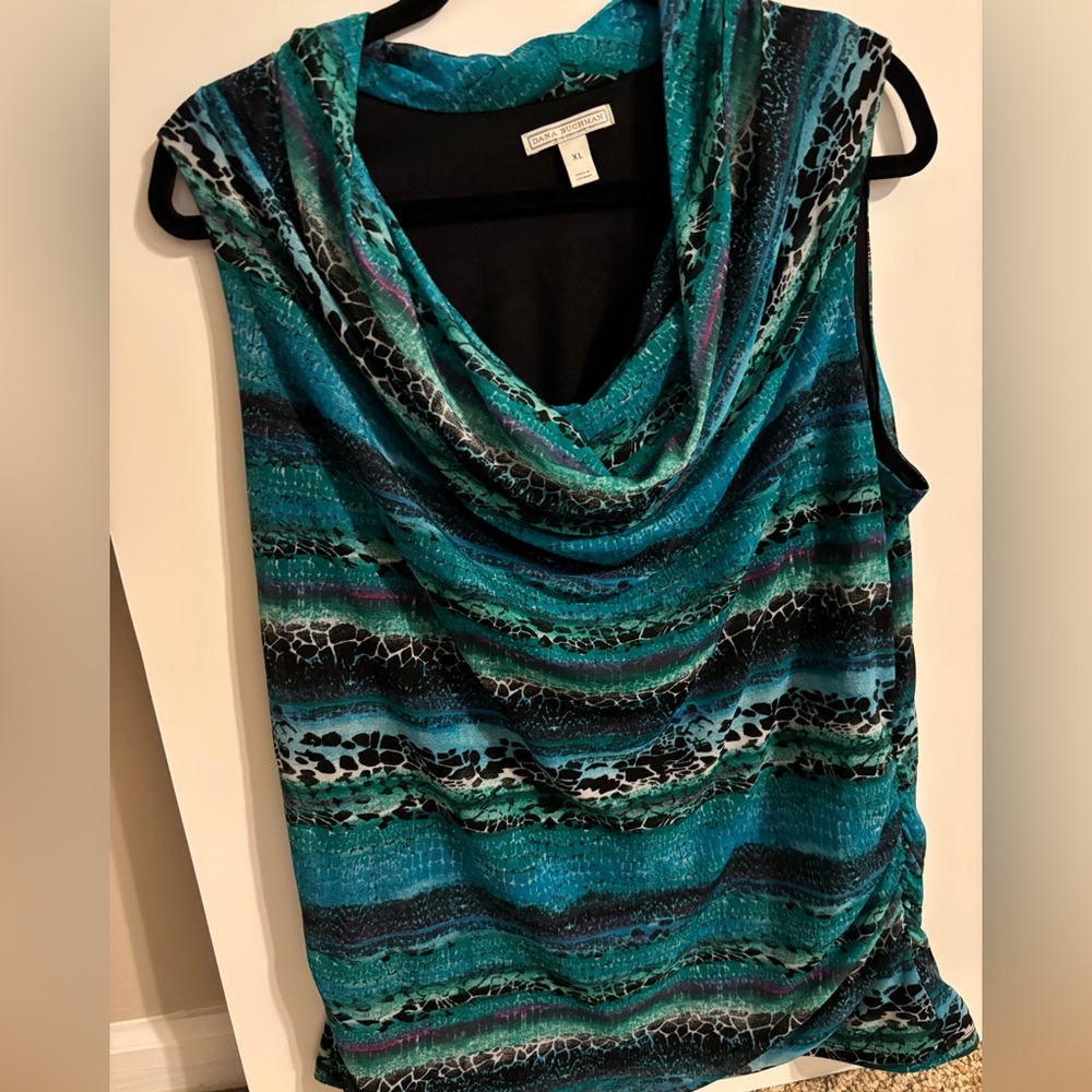 Dana Buchman Blue and Black Cowl Neck Blouse-stretchy and comfy
